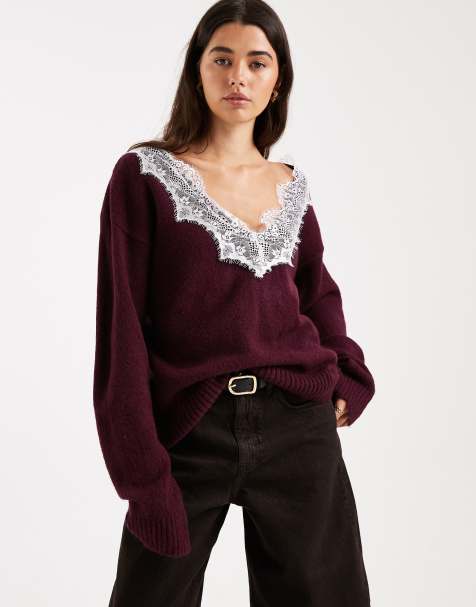 ASOS DESIGN knitted v neck sweater with lace trim in plum - view 1