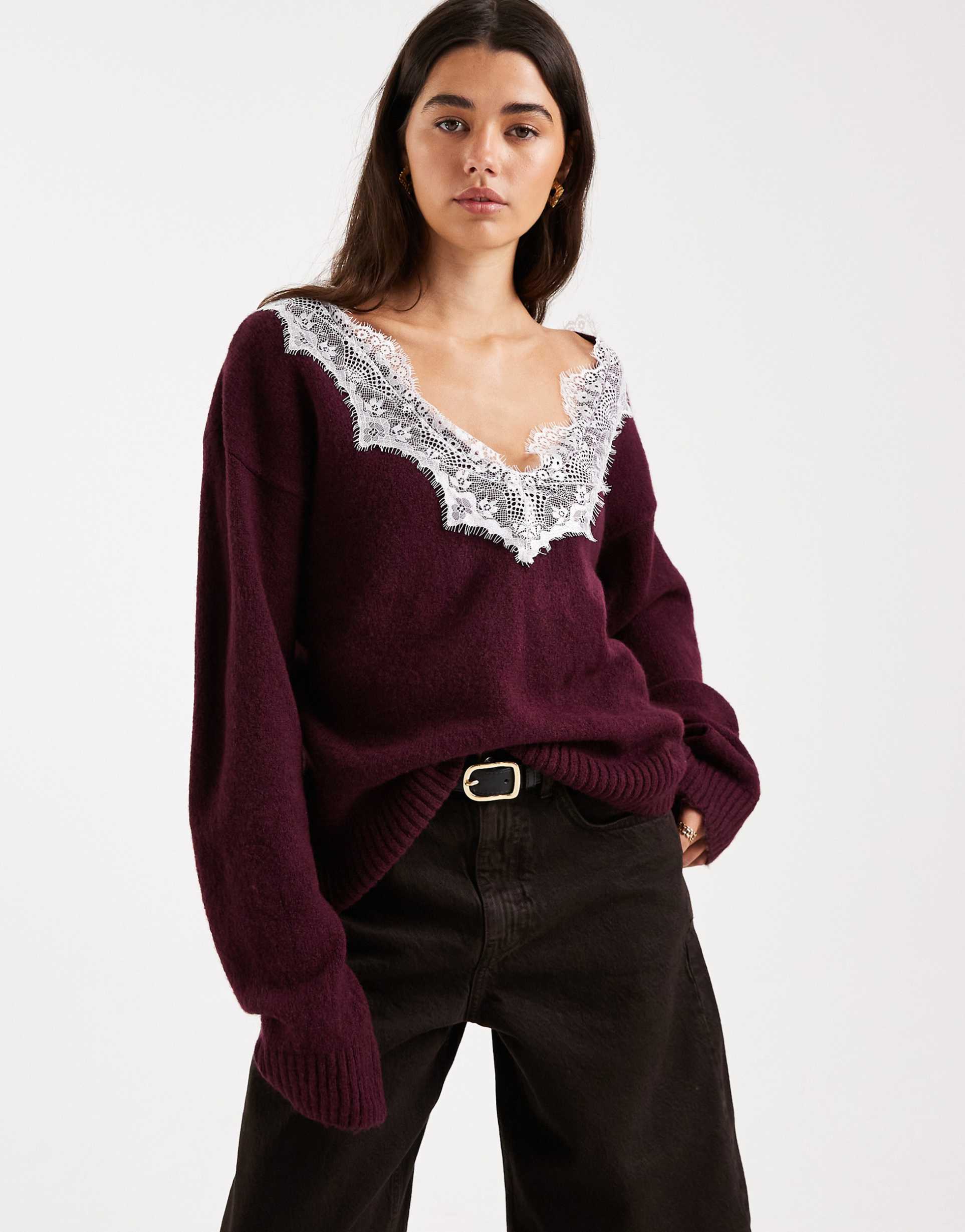asos design knitted v neck sweater with lace trim in plum