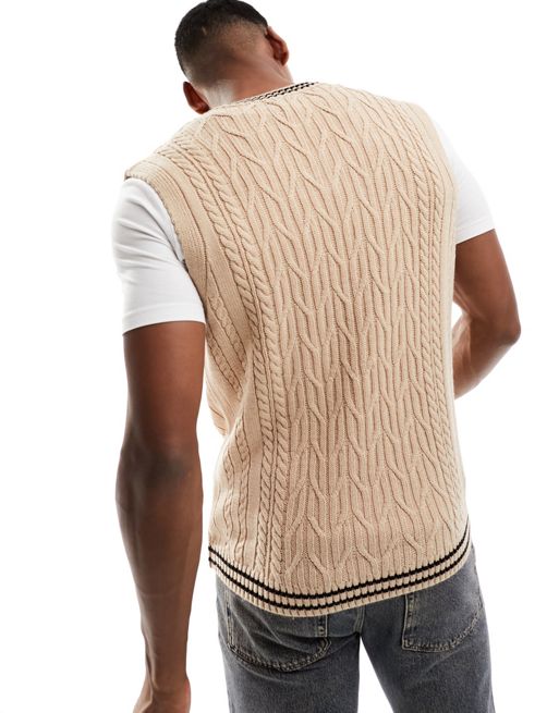 ASOS DESIGN knitted v neck tank in cable knit in cream with black tipping