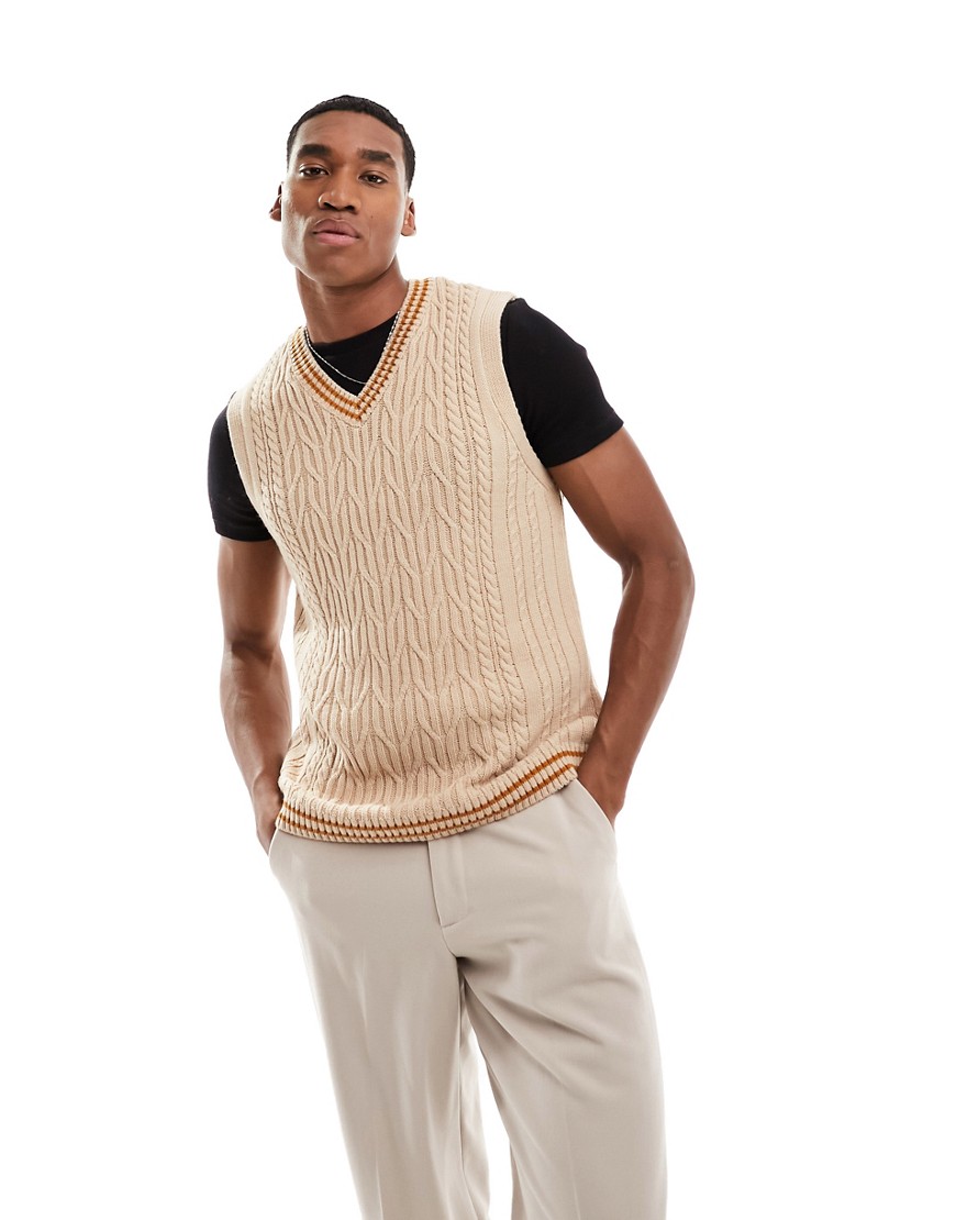 ASOS DESIGN knitted v neck tank in cable knit in cream with tan tipping-White