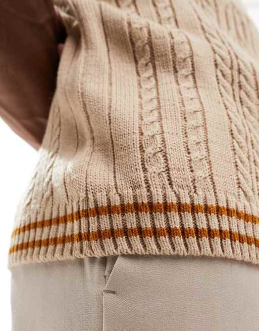 ASOS DESIGN knitted v neck tank in cable knit in cream with tan tipping, 2 of 4