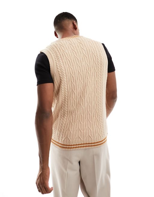 ASOS DESIGN knitted v neck tank in cable knit in cream with tan tipping