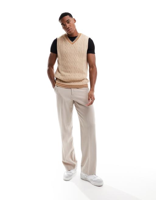 ASOS DESIGN knitted v neck tank in cable knit in cream with tan tipping