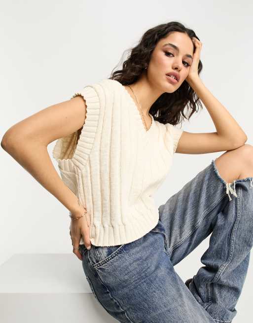 ASOS DESIGN oversized heavyweight cable knit v-neck tank top in auburn