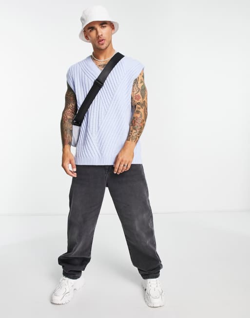ASOS DESIGN knitted v-neck tank with travelling rib in blue