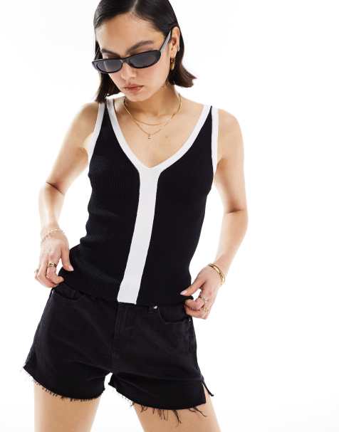 ASOS DESIGN knitted v neck vest in black with contrast white trim - view 1