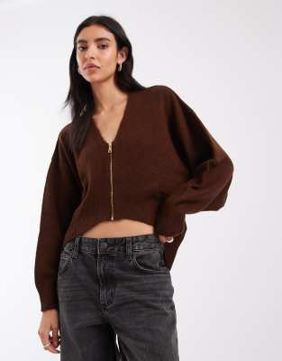 Asos Design Knitted V-neck Zip-front Sweater In Brown