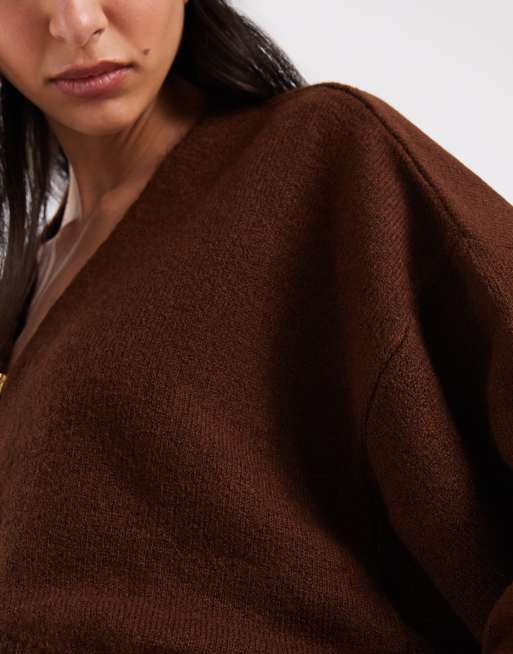 ASOS DESIGN knitted v-neck zip through jumper in chocolate brown, 3 of 4