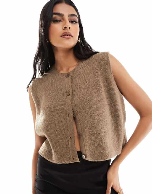 ASOS DESIGN knitted vest in fluffy yarn in mocha