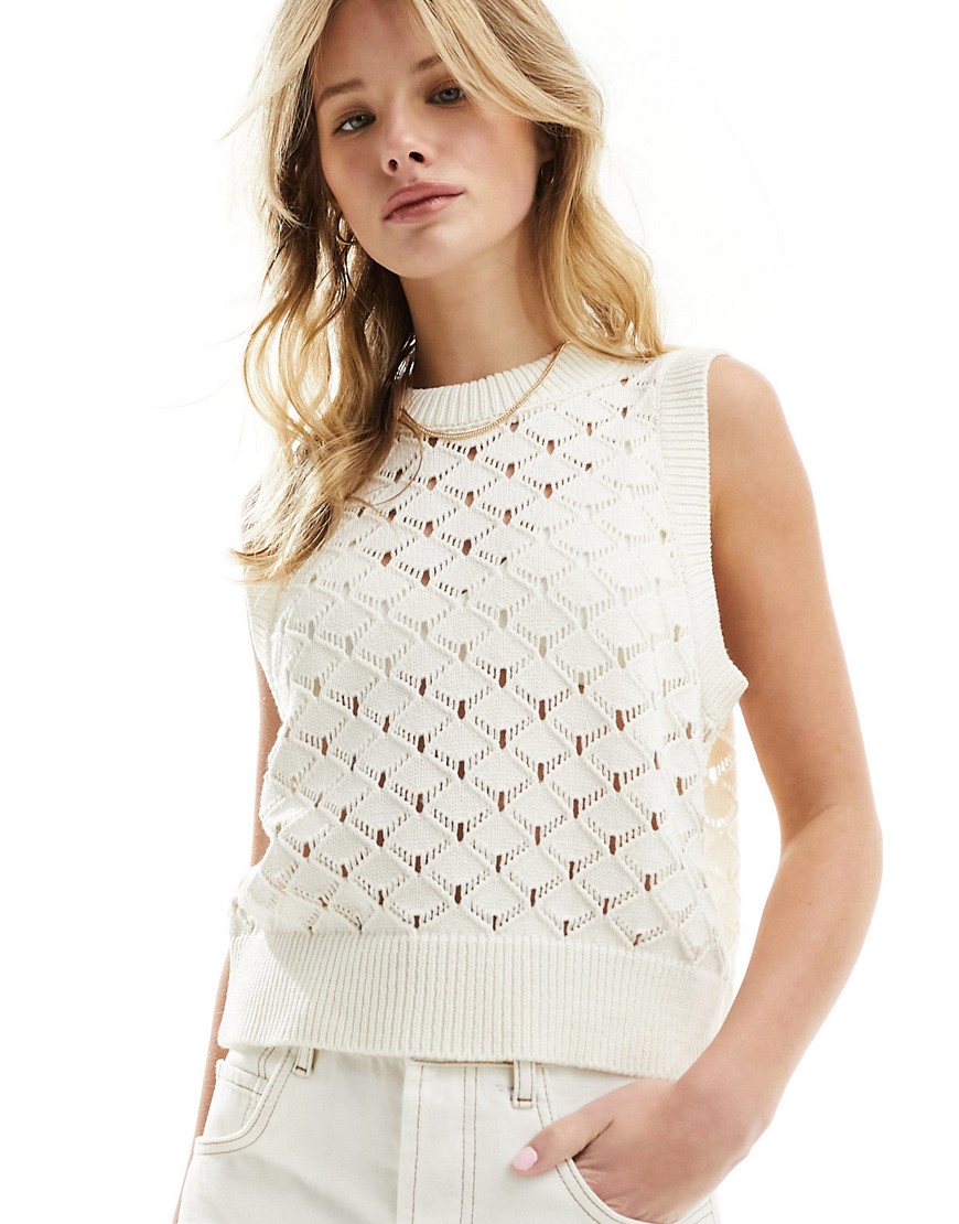 ASOS DESIGN knitted vest in pointelle stitch in cream-White