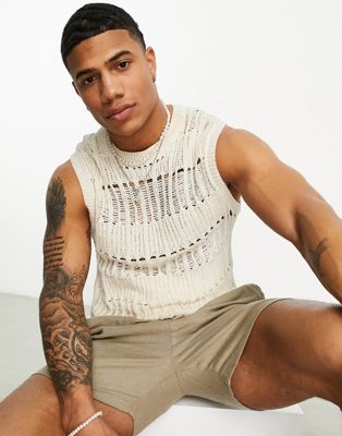 ASOS DESIGN knitted vest with open ladder stitch in stone - ASOS Price Checker