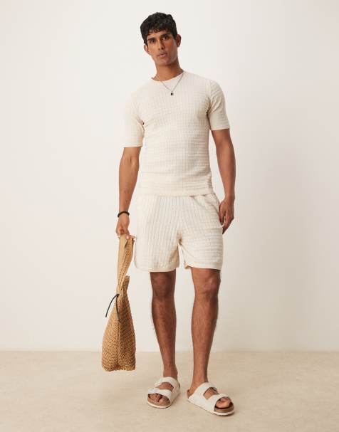 ASOS DESIGN knitted waffle shorts in cream (Part of a set) - view 1