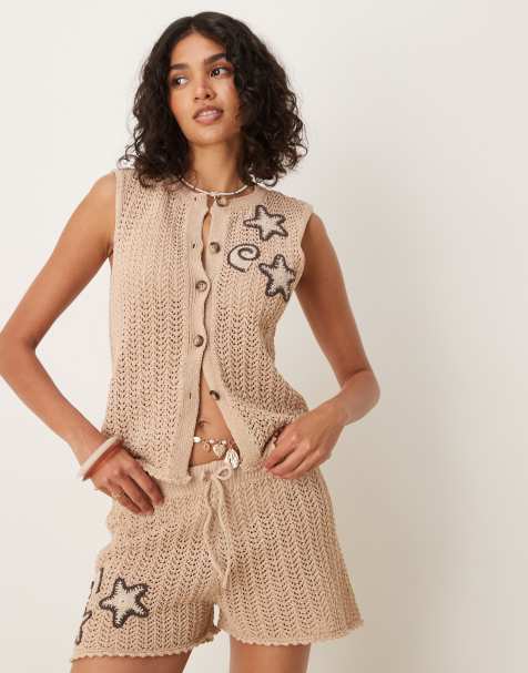 ASOS DESIGN knitted waistcoat co-ord with crochet shells in brown - view 1