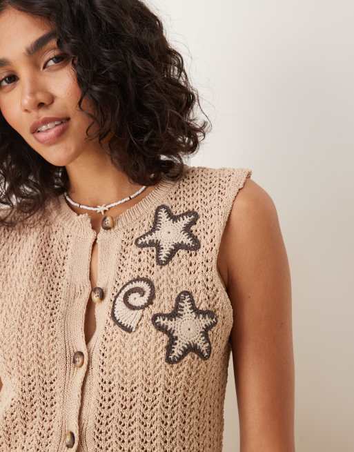 ASOS DESIGN knitted waistcoat with crochet shells in brown (part of a set), 2 of 4