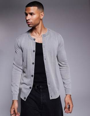 ASOS DESIGN knitted washed crew neck cardigan in grey