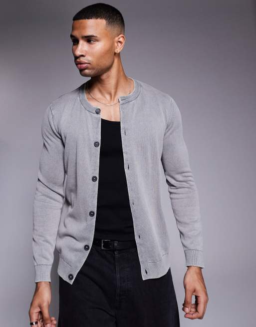 ASOS DESIGN knitted washed crew neck cardigan in grey ASOS