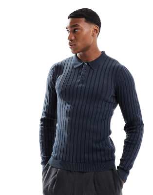 knitted washed muscle rib polo sweater in navy