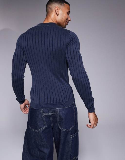 ASOS DESIGN knitted washed muscle rib polo sweater in navy , 3 of 4