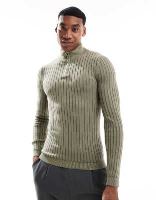 knitted washed muscle rib quarter zip funnel sweater in khaki-Green