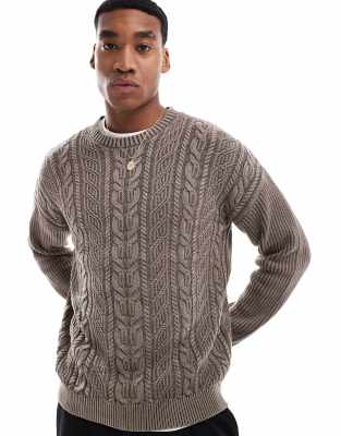 ASOS DESIGN ASOS DESIGN knitted washed relaxed cable jumper in brown