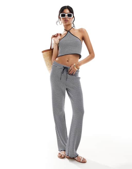 ASOS DESIGN knitted wide leg pants in stripe in navy and white part of a set