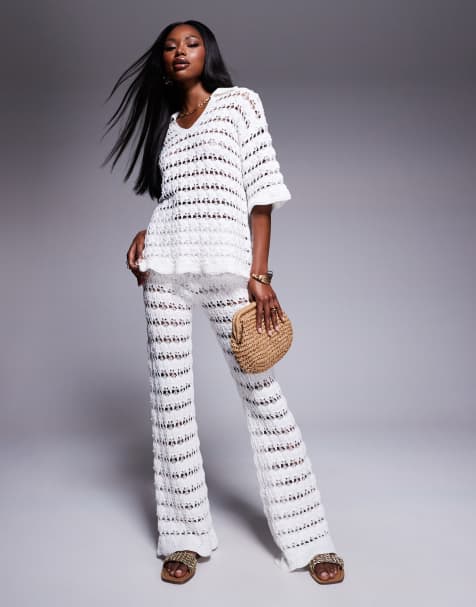 ASOS DESIGN knitted wide leg pretty stitch trouser co-ord in white