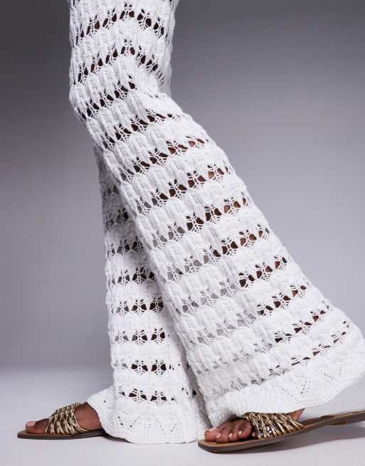 ASOS DESIGN knitted wide leg pretty stitch trouser co-ord in white, 3 of 5