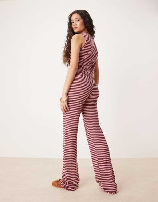 ASOS DESIGN knitted wide leg trouser co-ord in pink and burgundy stripe, 3 of 5