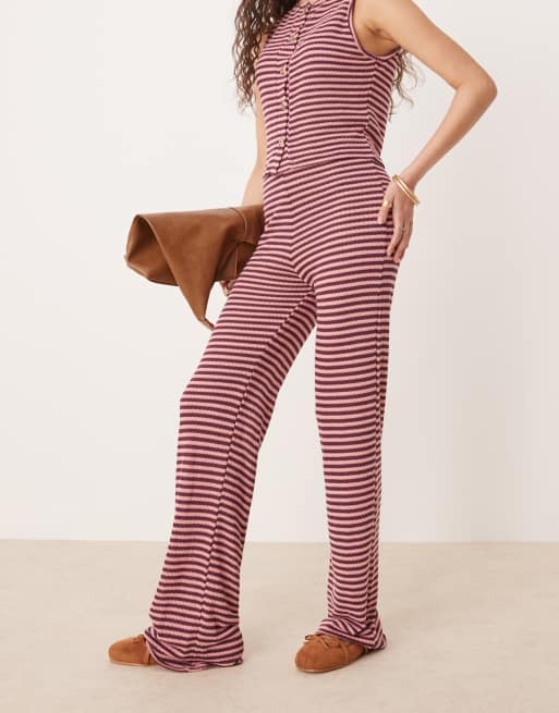 ASOS DESIGN knitted wide leg trouser co-ord in pink and burgundy stripe, 4 of 5