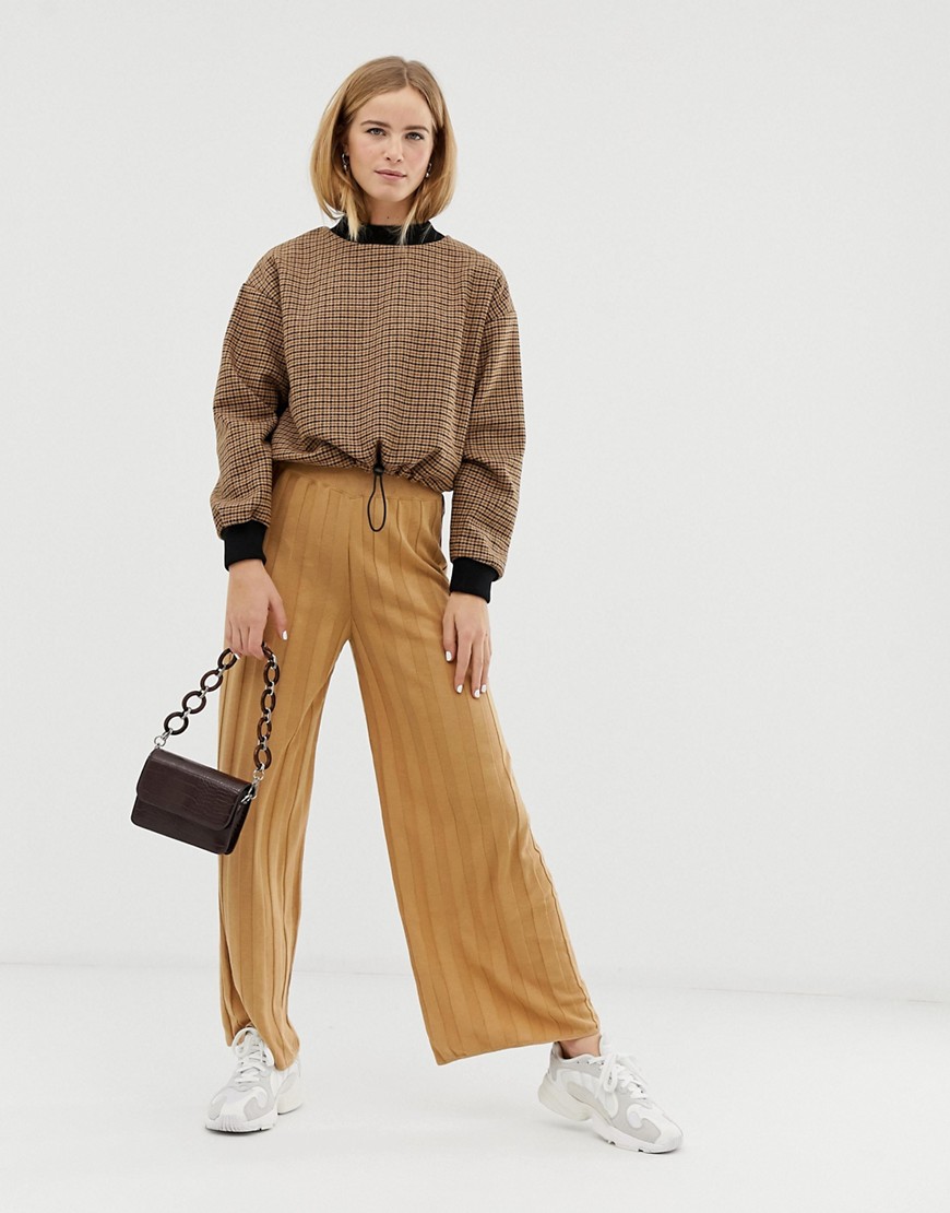 ASOS DESIGN knitted wide leg trouser with deep rib-Stone