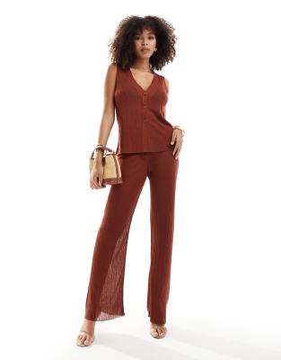 ASOS DESIGN knitted wide leg trousers in metallic yarn in rust-Brown