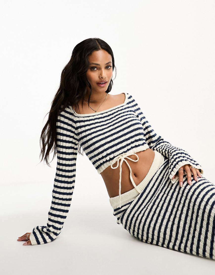 ASOS DESIGN knitted wide neck crop jumper in stripe in navy and cream co-ord-Multi