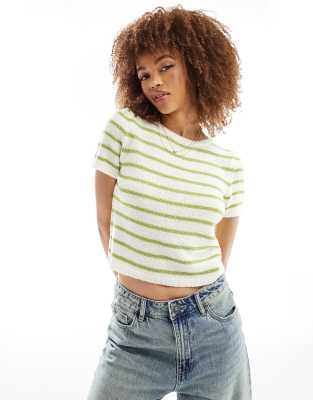 Asos Design Knitted Wide Rib Baby Tee In Green Stripe-multi