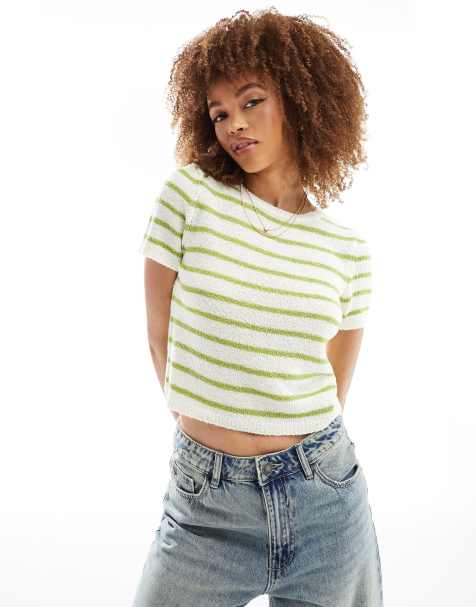 ASOS DESIGN knitted wide rib baby tee in green stripe - view 1