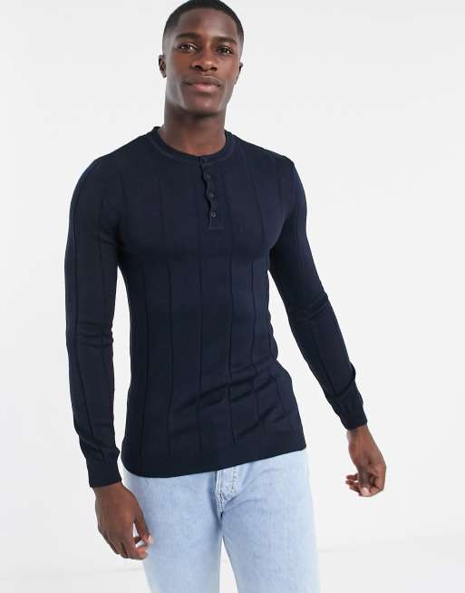 ASOS DESIGN knitted wide rib henley sweater in navy