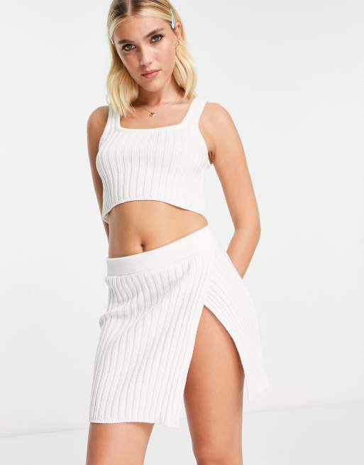 ASOS DESIGN knitted wide rib mini skirt with split side detail in