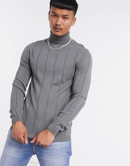 ASOS DESIGN knitted wide rib roll neck jumper in charcoal