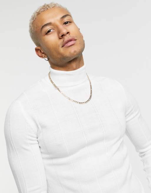 ASOS DESIGN knitted wide rib roll neck sweater in white | ASOS