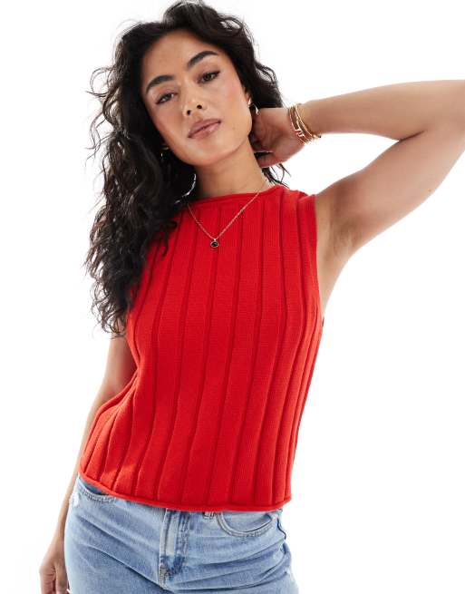 ASOS DESIGN knitted wide rib singlet top in red | ASOS