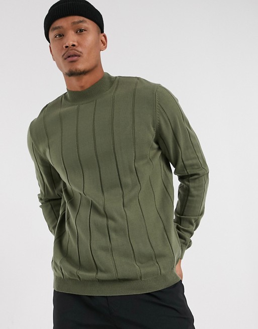 ASOS DESIGN knitted wide rib turtle neck jumper in khaki