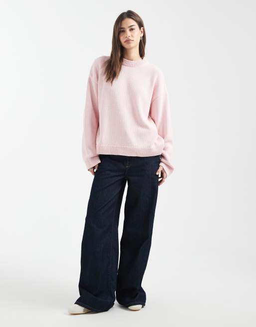 ASOS DESIGN knitted wide sleeve cotton blend jumper in pink, 4 of 4