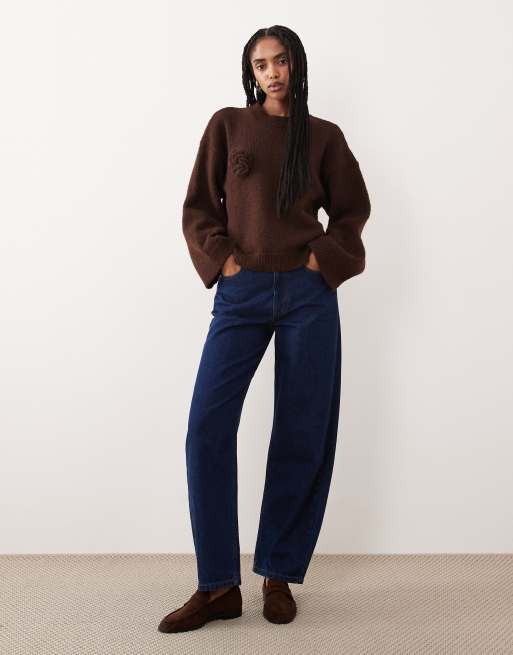 ASOS DESIGN knitted wide sleeve jumper with 3D floral and wool in brown, 2 of 4