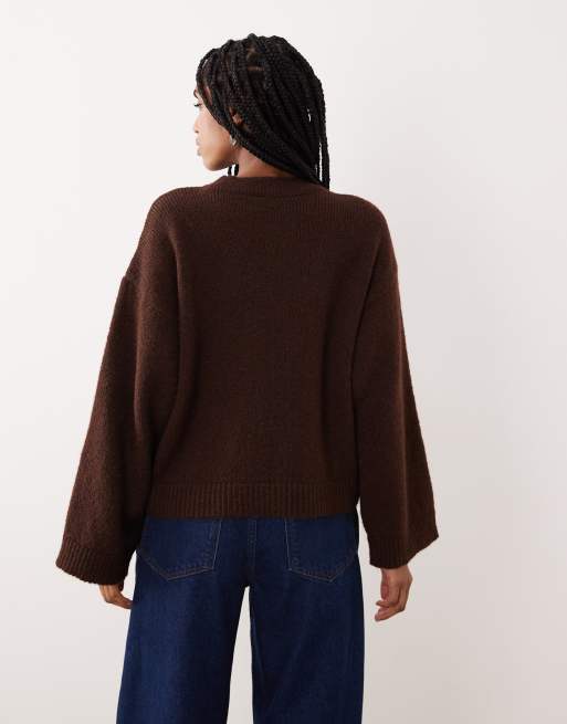 ASOS DESIGN knitted wide sleeve jumper with 3D floral and wool in brown, 3 of 4