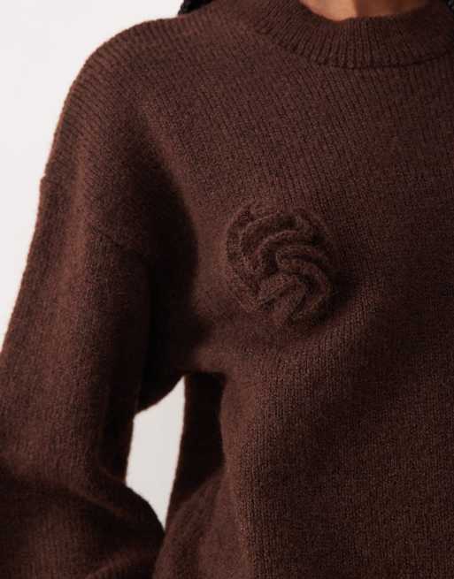 ASOS DESIGN knitted wide sleeve jumper with 3D floral and wool in brown, 4 of 4