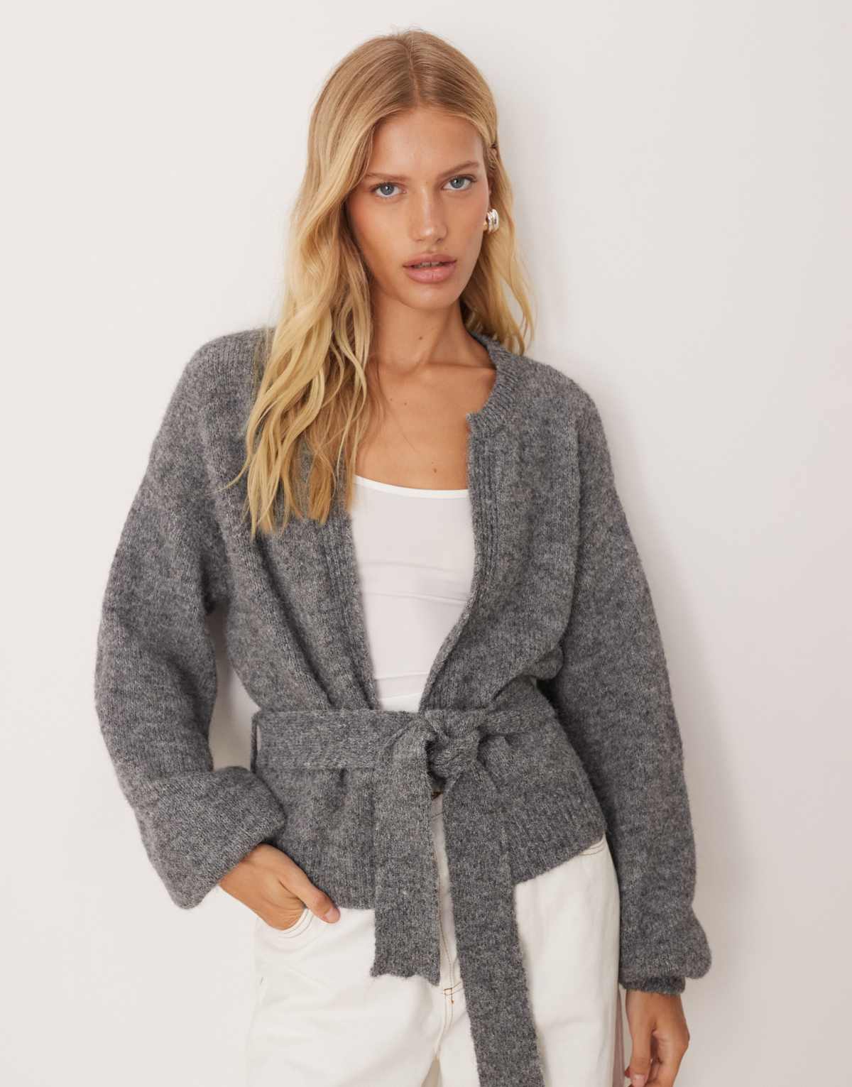 ASOS DESIGN knitted wool blend oversized cardigan with tie waist in charcoal