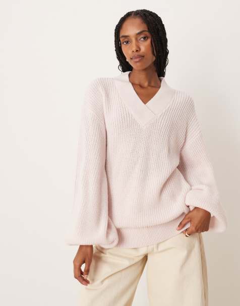 ASOS DESIGN knitted wool blend oversized v neck jumper in pink - view 1