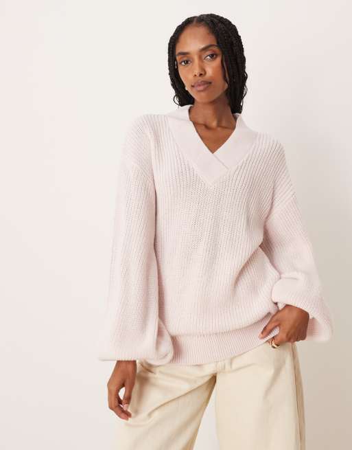 ASOS DESIGN knitted wool blend oversized v neck jumper in pink