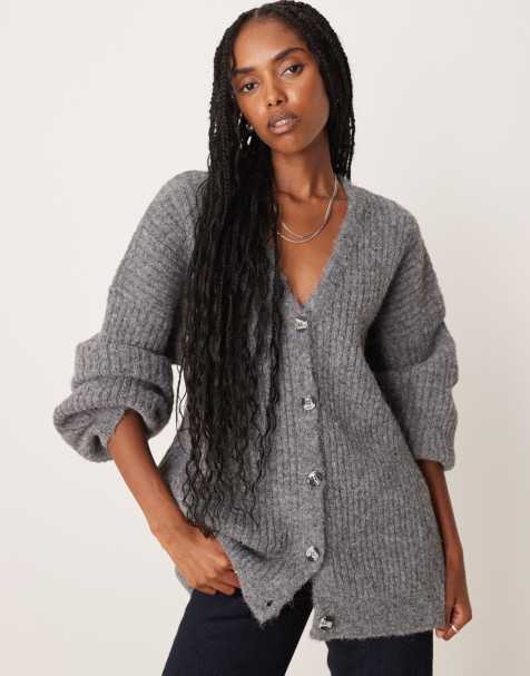 ASOS DESIGN knitted wool blend slouchy cardigan with chunky rib in charcoal - view 1