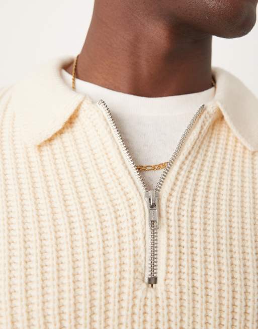 ASOS DESIGN knitted wool mix oversized heavyweight quarter zip rib jumper with collar in oatmeal, 2 of 4