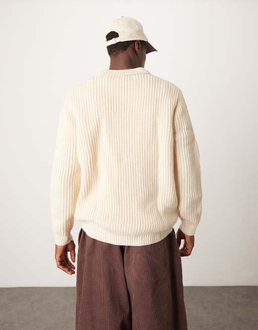 ASOS DESIGN knitted wool mix oversized heavyweight quarter zip rib jumper with collar in oatmeal, 3 of 4